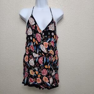 One Heart Clothing Black Multicolor Floral Spaghetti Straps Romper Medium Lined